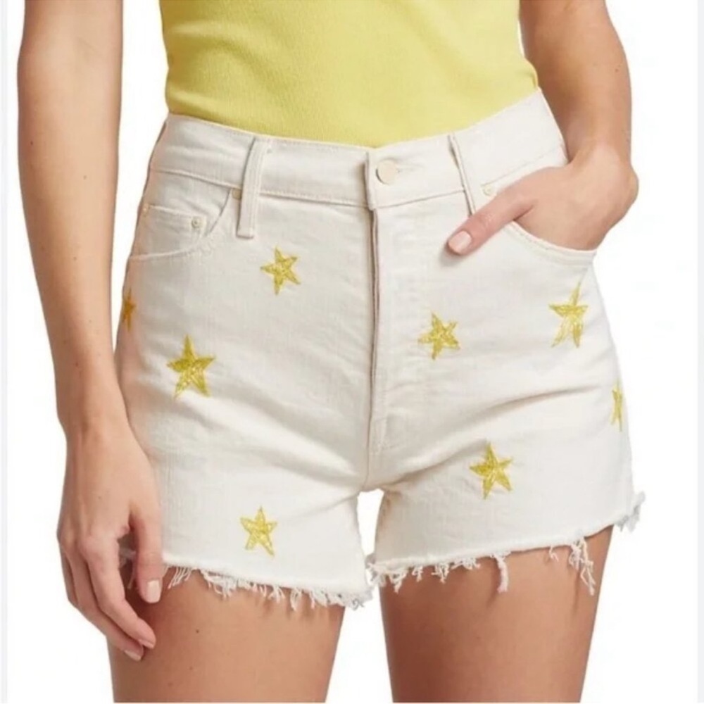 MOTHER SUPERIOR white denim the tomcat kick fray shorts star embroidered size 25
